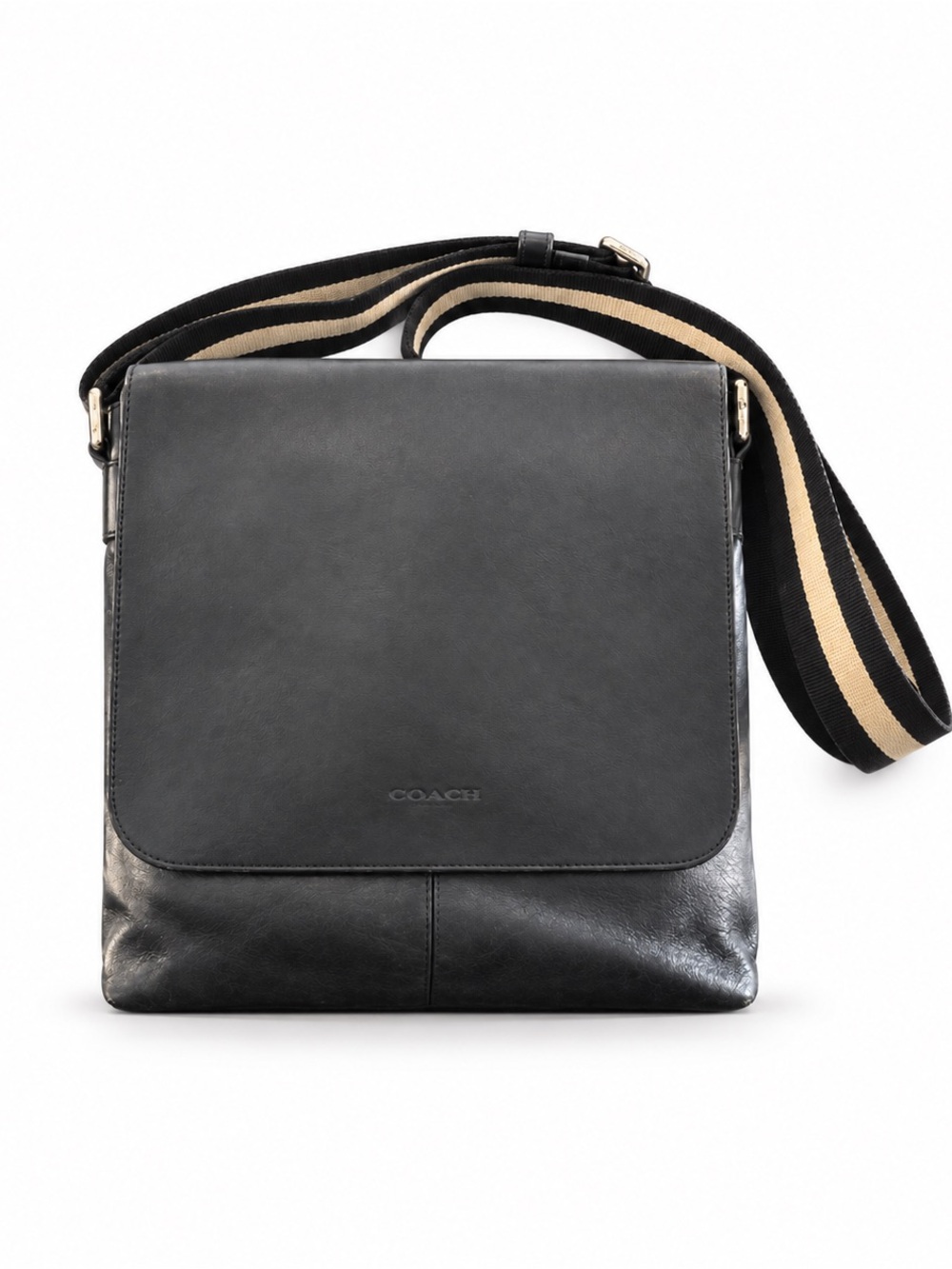 Coach Leather Messenger Bag with Striped Adjustable Strap